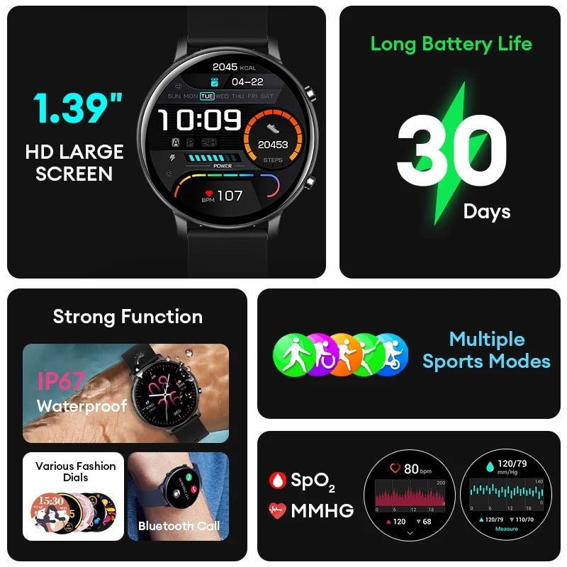 Stylische Smartwatch – Fitness-Tracker mit Herzfrequenz- und SpO2-Überwachung, IP67 wasserdicht, kompatibel mit Android und iPhone