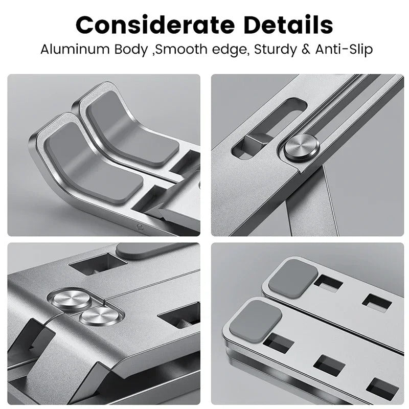 Verstellbarer Aluminium-Laptopständer – 6 Stufen, faltbar, tragbar, mit verbessertem Belüftungsdesign für 8–16” Laptops