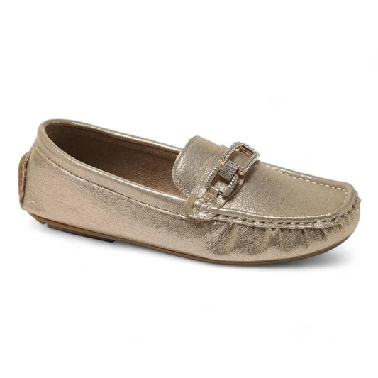 Elegante orthopädische Mokassins für Damen mit glamourösen goldenen Ballerinas