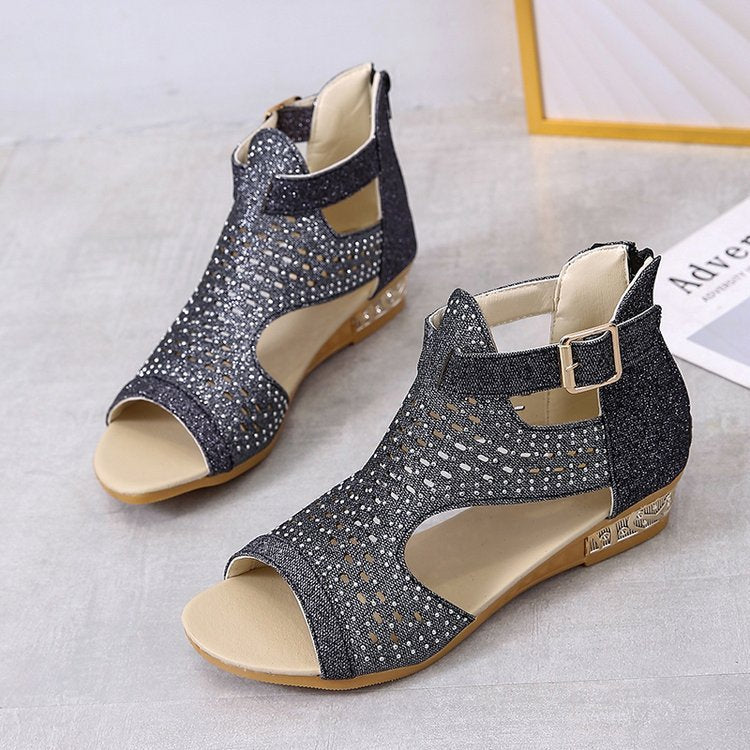 Stylische orthopädische Damensandalen mit komfortablem Blockabsatz und funkelnden Strasssteinen - Zomax