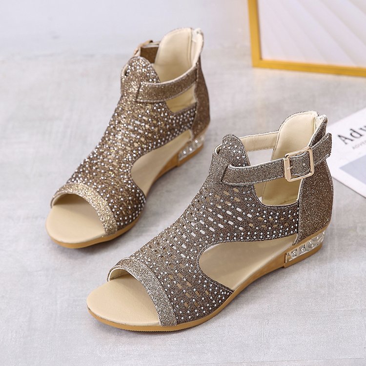 Stylische orthopädische Damensandalen mit komfortablem Blockabsatz und funkelnden Strasssteinen - Zomax