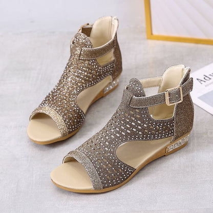 Stylische orthopädische Damensandalen mit komfortablem Blockabsatz und funkelnden Strasssteinen - Zomax