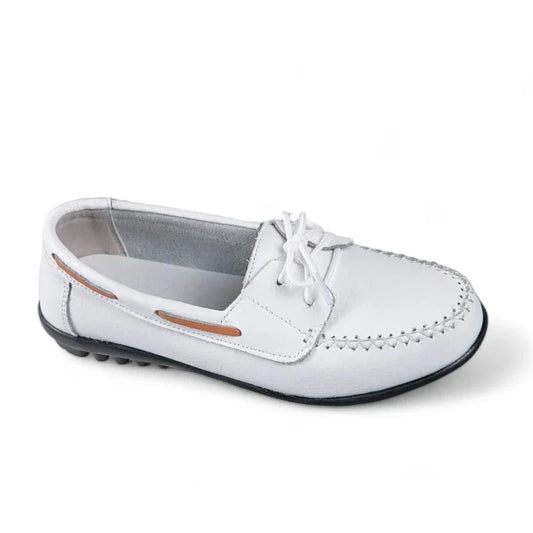 Orthopädische flache Ledermokassins für Damen mit Schnürsenkeln