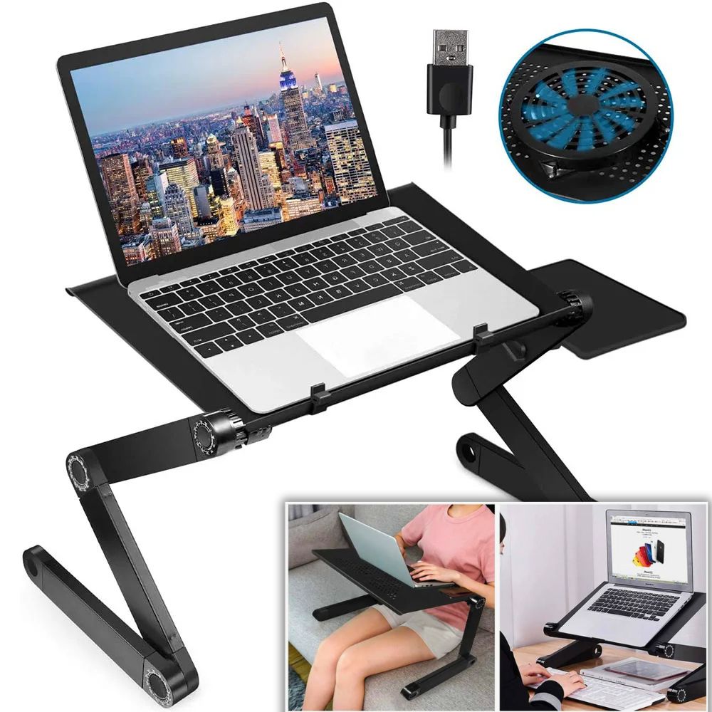 Aluminium-Laptopständer für Schreibtisch, Bett und Sofa – verstellbar, zusammenklappbar, mit großem Kühlventilator und Mauspad